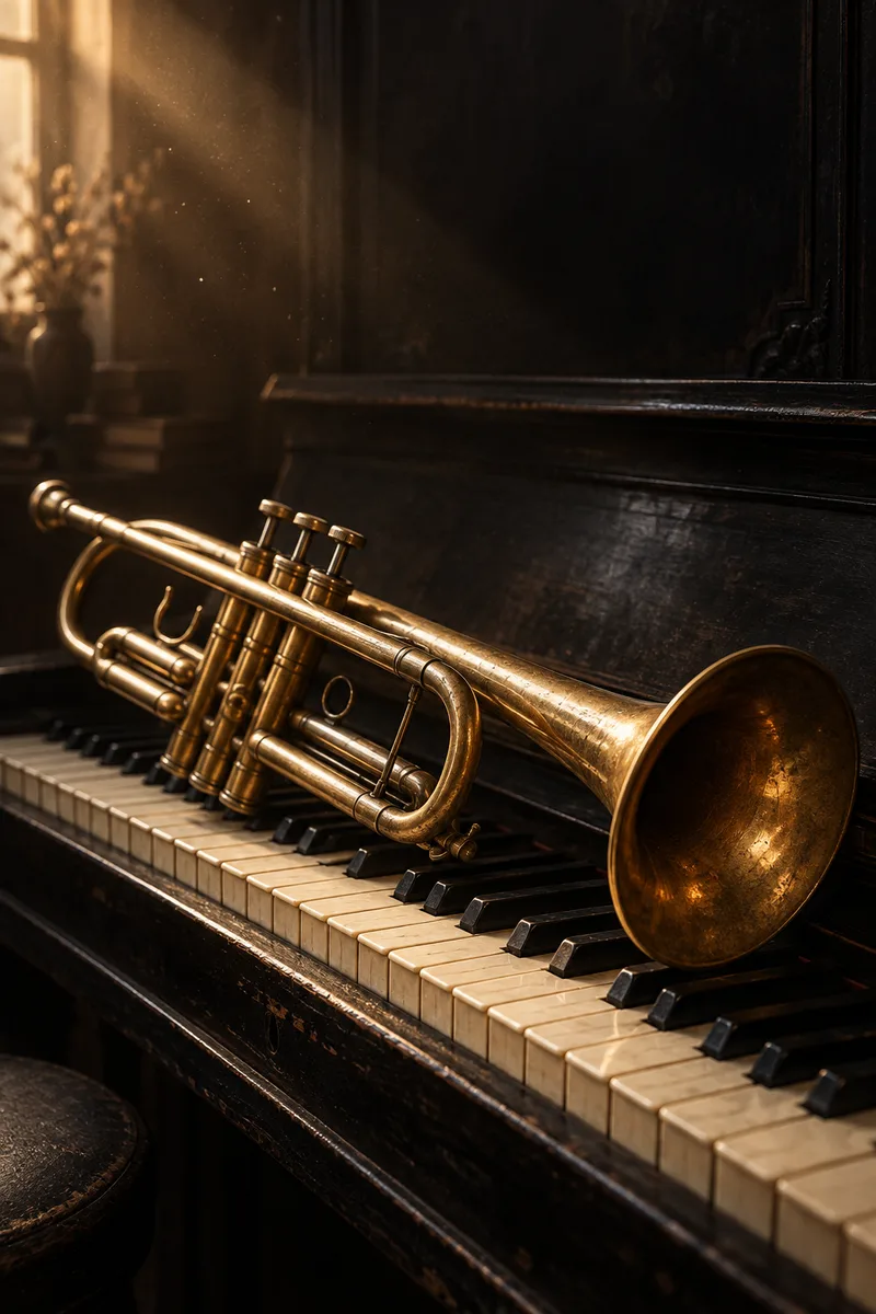 Tromba in ottone sui tasti di un pianoforte, in una luce calda. Illustrazione generata per DCHS Music.